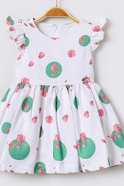 Bebüş Baby Girl White Ruffled Sleeve Floral Pattern Polka Dot Dress 16103