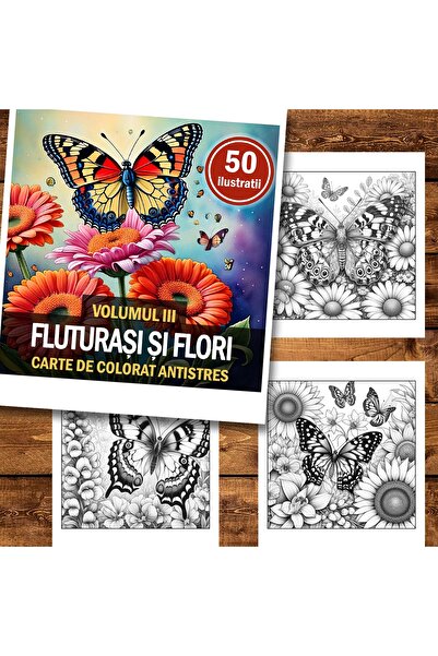 Legendary Gifts Carte de colorat antistres, 50 de ilustrații cu fluturi și flori - Volumul III, Format: 21x21cm,