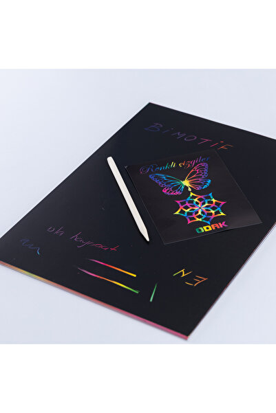 Bimotif A4 renkli çizgiler kazıma defteri ve kalemi, 10 yaprak