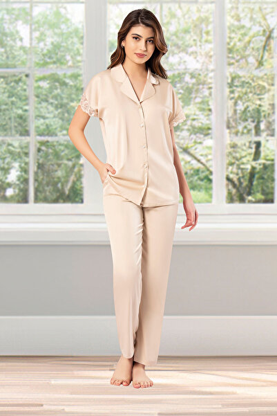 Genel Markalar Kadın İpek Saten Dantelli Uzun Kollu Pijama Takımı – Krem