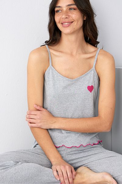 Siyah İnci Gray Heart Embroidered Rope Strap Knitted Pajama Set7883