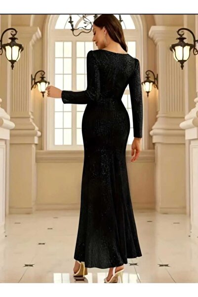 MODAS Uzun koll Kruvaze yaka pul payetli abiye elbisesi