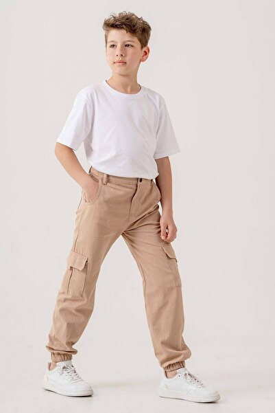 Gold Class Kidswear Çift Kargo Cepli Lastikli Paça Gabardin Erkek Çocuk Pantolon