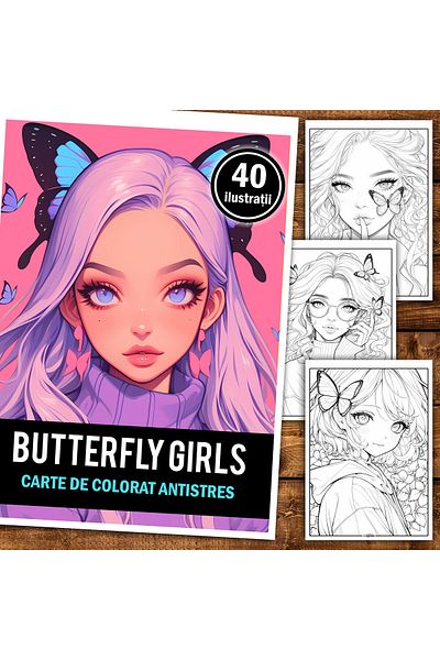 Legendary Gifts Anti-stress Coloring Book, 40 Illustrations, Anime Butterfly Girls, 86 Pages, Format: A5