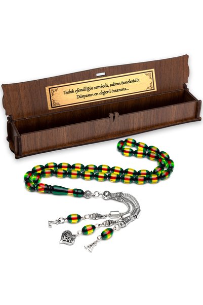 EHİNOS Men's Letter Tassel Heart Design Green Yellow Vernier Powder Amber Prayer Beads