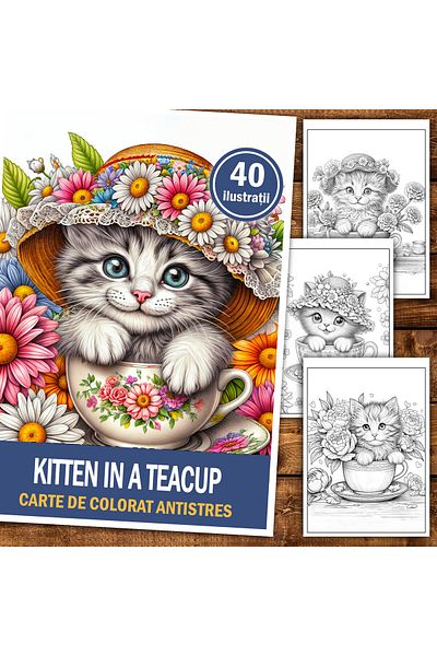 Legendary Gifts Anti-stress Coloring Book, 40 Illustrations Kitten In A Teacup, 86 Pages, Format: A5