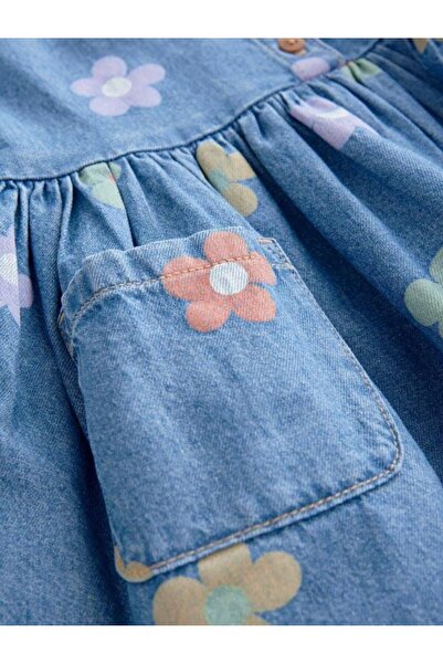 ARBİ kids Kız çocuk renkli çiçek baskılı kot mavi denim düğmeli elbise şık kalıp