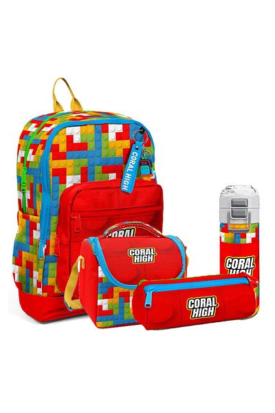 Coral High Kids Patterned 4-Piece School Bag Set (School Bag, Nutrition, Pen Holder, Water Bottle)