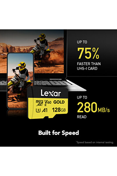 Lexar بطاقة ذاكرة احترافية سعة 128 جيجابايت بسرعة 280 ميجابايت/ثانية باللون الذهبي Micro SD