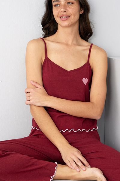 Siyah İnci Set de pijamale tricotate cu curea din frânghie brodate inimă burgundy7883
