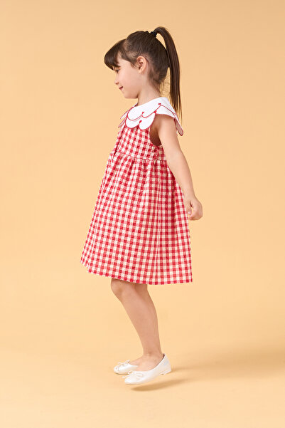 Minipodyum Girl's Gingham Pattern Collar Embroidered Summer Dress