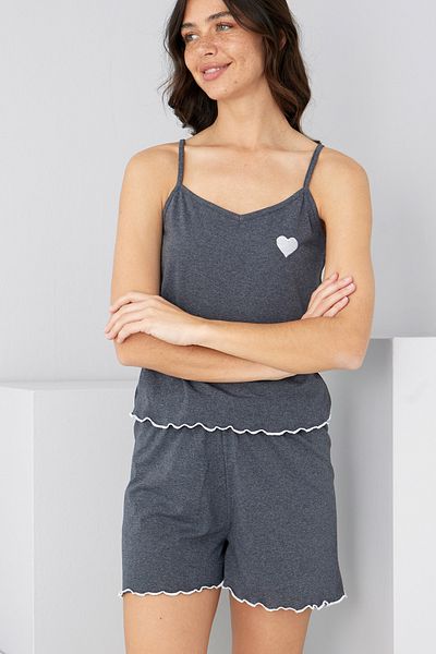 Siyah İnci Anthracite Heart Embroidered Rope Strap Knitted Shorts Set7881