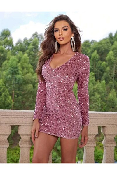 MODAS Uzun Kol V Yaka Kadife pul Payetli mini elbisesi