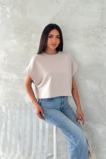 FEMELLE Γυναικείο μπλουζάκι μπεζ με στρογγυλή λαιμόκοψη Modal Fabric Basic