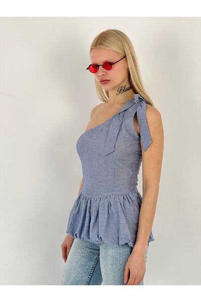 Miss Poem Women's Shoulder Tie Striped Blue T-Shirt