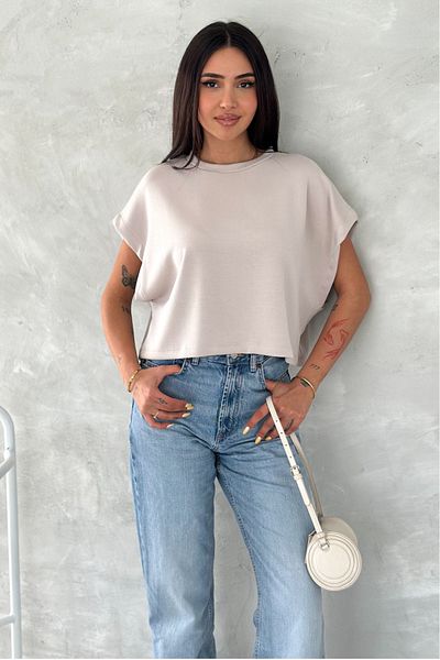 FEMELLE Tricou de bază din țesătură modal cu gât rotund bej pentru femei