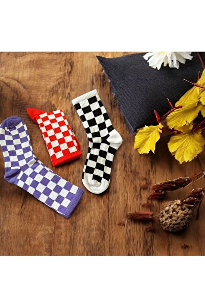 çorapmatik 3'lü Özel Tasarım Kutulu %100 Pamuk Dama Desenli Renkli Tenis Çora...