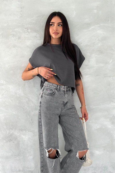 FEMELLE Women's Anthracite Round Neck Modal Fabric Basic T-Shirt