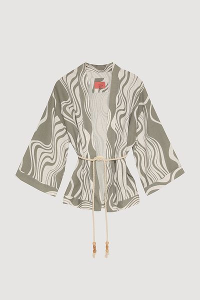 Quzu Wave Patterned Tied Linen Kimono Khaki