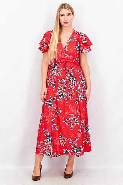 French Connection Women Floral Print Side Slit Midi Casual Dress, Red Combo