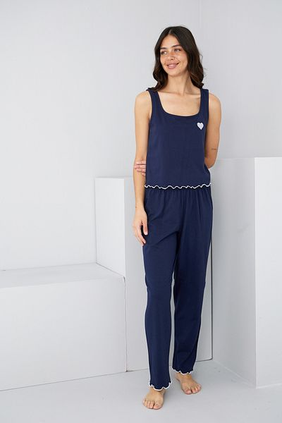 Siyah İnci Navy Blue Heart Embroidered Thick Strap Knitted Pajama Set7884