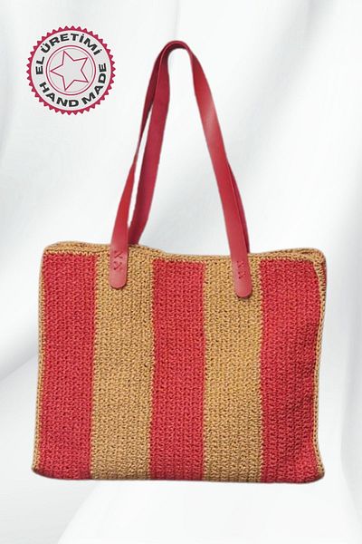 Uretti - Hüsniye 8494 2469 Hand Knitted Red Stripe Model Paper Rope Women's Shoulder Bag