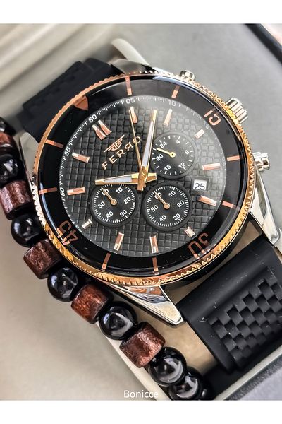 FERRO Sport Men's Watch, Active Functions, Black Silicone, with Calendar, Bracelet Gift