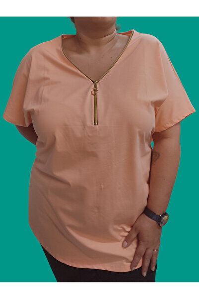 Barato V-Neck Zipper Detailed Plus Size Cotton Fabric Premium Blouse