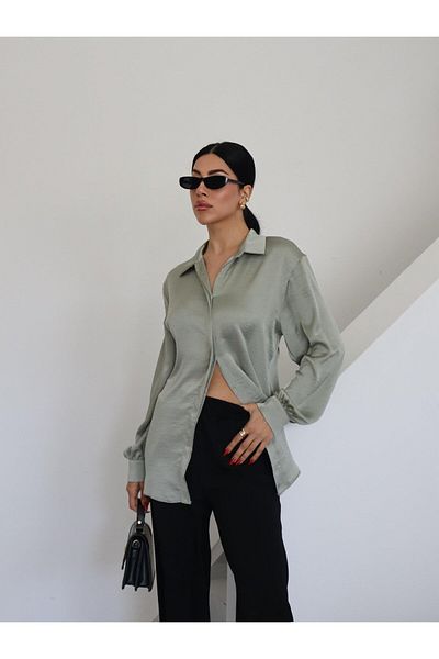 Appleline Cămașă de damă, clasică, cu guler din satin MINT
