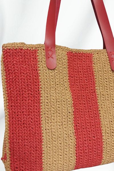 Uretti - Hüsniye 8494 2469 Hand Knitted Red Stripe Model Paper Rope Women's Shoulder Bag