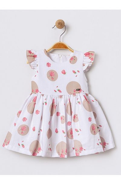 Bebüş Baby Girl White Ruffled Sleeve Floral Pattern Polka Dot Dress 16103