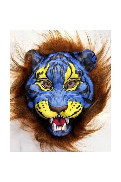 PRATİKOBA Blue Face Plush Wolf Tiger Mask with Brown Mane No 38