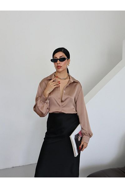 Appleline Cămașă de damă, clasică, cu guler din satin MINK