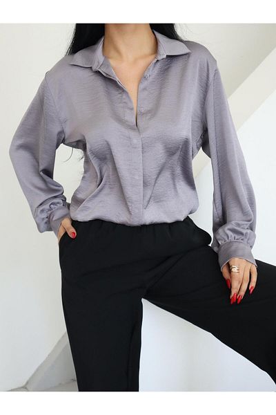 Appleline Cămașă de damă, clasică, cu guler din satin, GRI