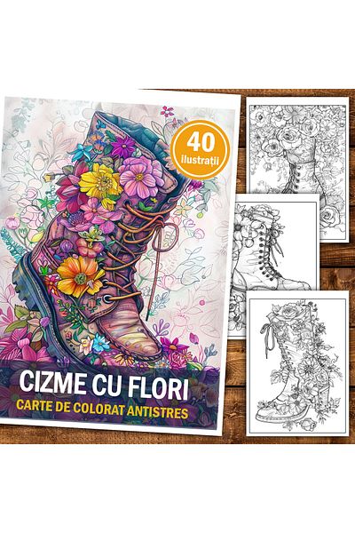 Legendary Gifts Anti-stress Coloring Book, 40 Illustrations, Boots With Flowers, 86 Pages, Format: A5