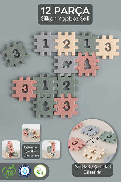 Meleni Baby 12 Parça Silikon Yapboz Oyuncak - Bebek Çocuk Eğitici Oyun Hayvan...