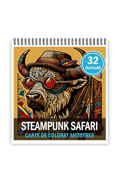 Legendary Gifts Carte de colorat antistres, 32 de ilustrații Steampunk Safari, 70 de pagini, Format: 21x21cm,