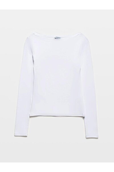 Dilvin Kayık Yaka Uzun Kollu Top-Beyaz