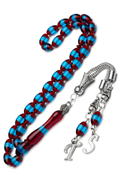 EHİNOS Erkek Hediyelik Harf Püskül 7x11mm Bordo Mavi Sürmeli Toz Kehribar Tesbih