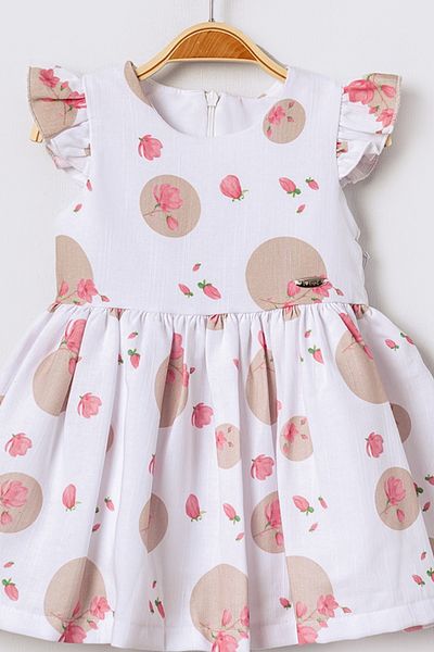 Bebüş Baby Girl White Ruffled Sleeve Floral Pattern Polka Dot Dress 16103
