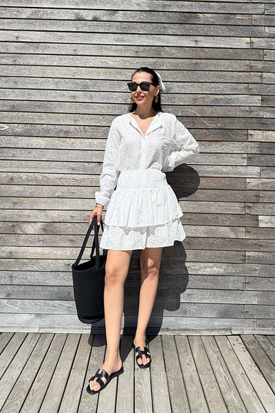 Seda Yalçın Atelier مجموعة تنورة قميص صدفي أبيض