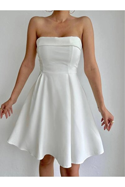 QİMYA BUTİK BUKETLİ Kadın Straplez Yaka Mini ELBİSE