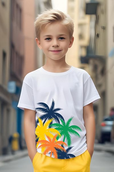 FYK KİDS Boy's Palm Tree Printed Top and Bottom Set