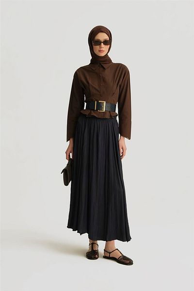 Armine Crinkled Satin Skirt 25Yh5601 Navy Blue
