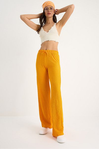 Bianco Lucci Women's Elastic Waist Tie Detailed Relaxed Cut Summer Seersucker Trousers 2234 60283348