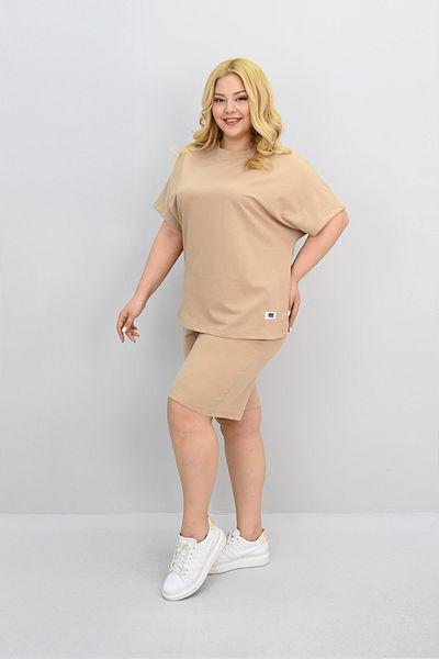 Koza Butik Women's Plus Size Short Sleeve Label Detailed Shorts Set 8194-25