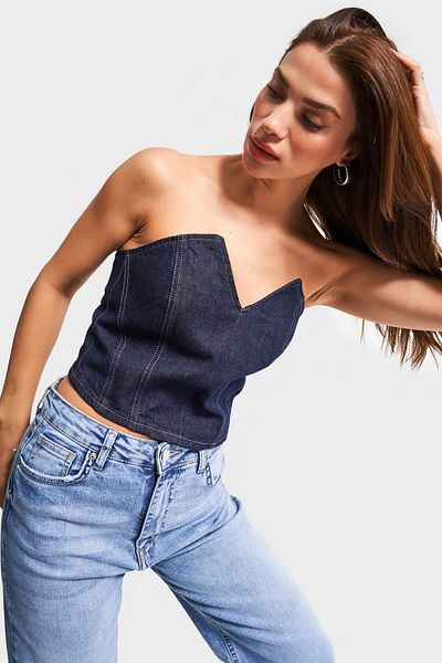 its basic Γυναικείο Indigo Color 7s5-50 Στράπλες 100% Βαμβακερό Τζιν Μπουστάκι