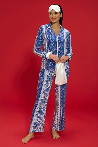 FOR YOU MODA 7'li Viskon Hem İçeride Hem Dışarıda Etnik Desen Mavi Pijama Takımı