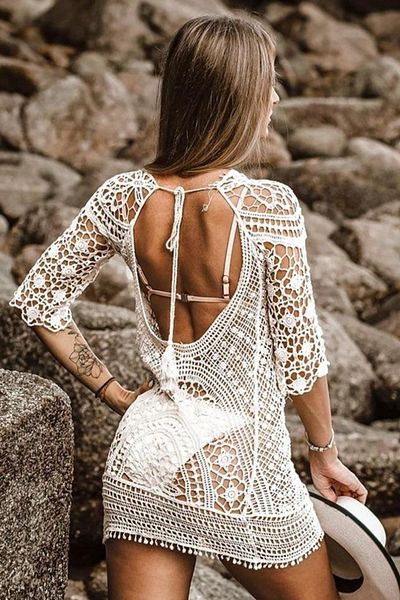 FashionForYou Rochie scurtă de plajă Solva, aspect croșetat cu mâneci trei sferturi, ALBĂ, Mărime S/M, Mărime universală S/M
