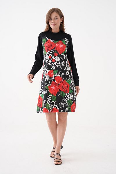 MAMAYAGA Women's Half Fisherman Long Sleeve Flower Pattern Viscose Stylish Suitable for Hijab Tunic Curve Large Size Dress